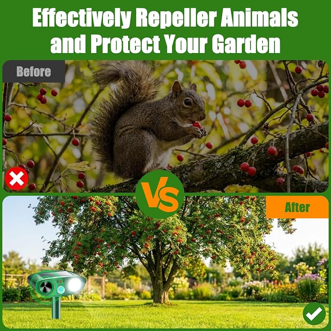 2026 Solar Ultrasonic Animal Repellent Outdoor with Motion Sensor Flash Light, IP66 Waterproof Deer Cat Squirrel Raccoon Repellent for Yard Farm Garden (2 Pack)