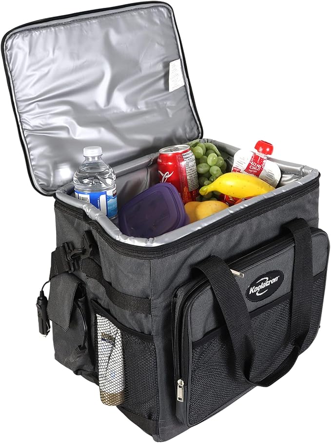 Koolatron Electric Portable Cooler Plug in 12V Car Cooler Bag, 26 qt (25 L) Black/Gray Soft-Sided Portable Car Fridge w/DC Power Cord, Adjustable Shoulder Strap, Cord Storage, Road Trip.