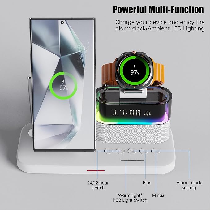 Magnetic Charger for Samsung, 5 in 1 Wireless Charging Station with Alarm Clock for Samsung Galaxy S25 Ultra/S24/S23/S22,Galaxy Watch 7/6/4/5,Galaxy Buds/Pro, White