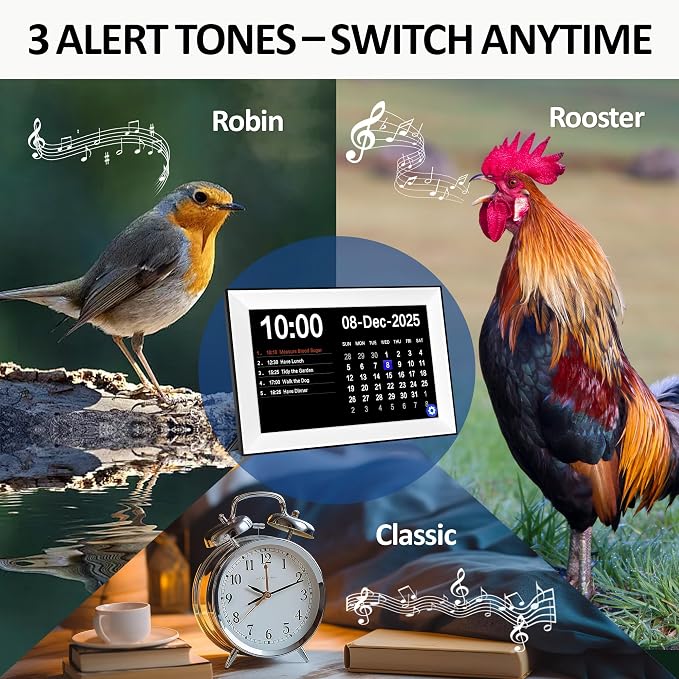 10.1" Touchscreen Digital Calendar Alarm Clock, Dementia Clocks for Seniors Extra Large Display Clock with Day and Date for Elderly, 40 Reminders&64 Alarms&Auto-Dimming&Auto DST(White)