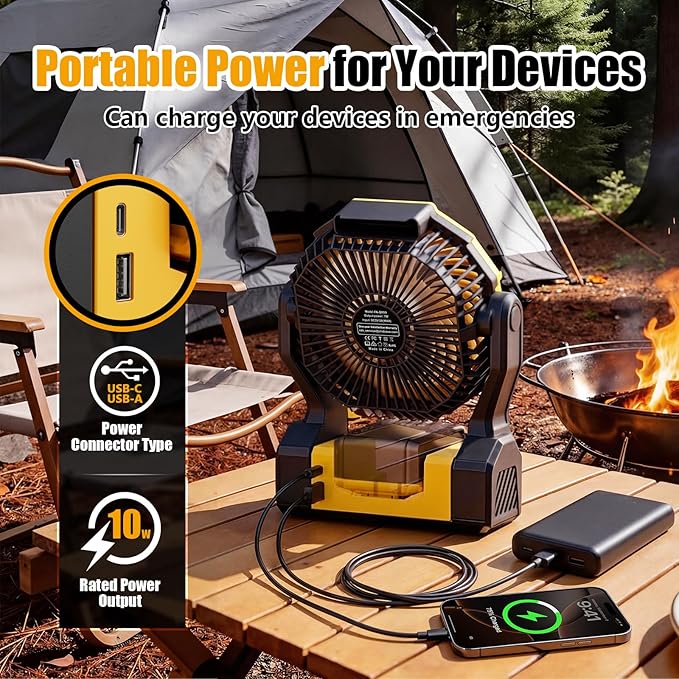 Battery Operated Fan for Dewalt 20V Max Battery, 5.7m/s High Speed Rechargeable Portable Fan with USB Powered & 4 Speed & 2 Light for Camping, Workshop, Garage, Jobsite (Not Included Battery) - Yellow