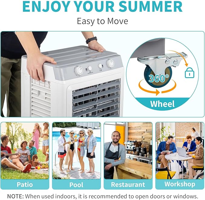 3 in 1 Portable Evaporative Air Cooler, Large Air Volume Swamp Cooler with Big Water Tank, Remote Control, Rolling Casters and Ice Packs for Indoor Outdoor Use White