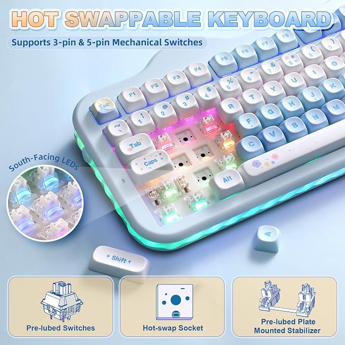 YUNZII C98 Wireless Mechanical Keyboard with Number Pad,98 Key BT5.0/2.4G/USB-C Hot Swap Gasket Mount with PBT MOA Keycaps,Custom RGB,Cute Cake Keyboard for Win/Mac (Blue, Milk V2 Linear Switch)