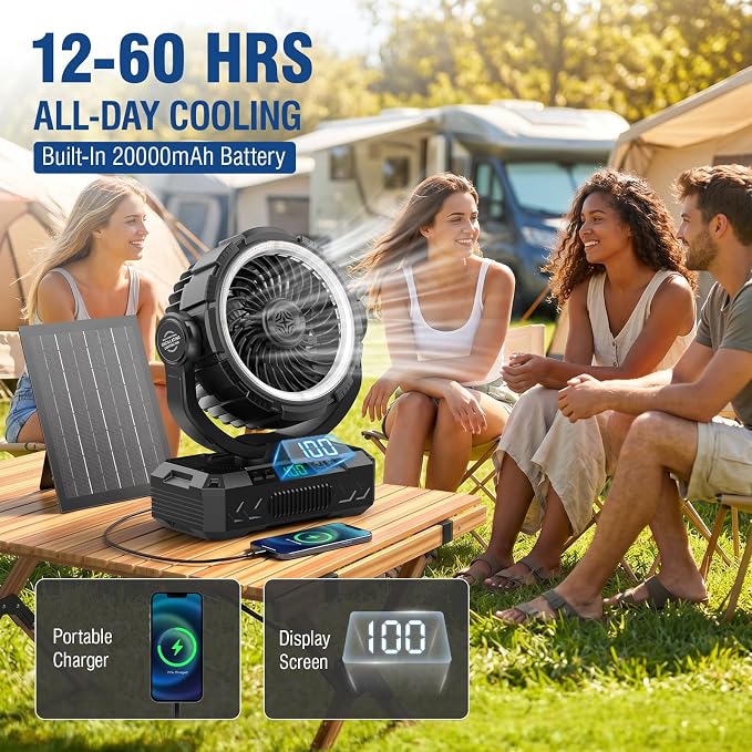 Rechargeable Solar Powered Camping Fan & Auto Oscillating, 【60H Runtime】Battery Powered Fan, Portable Outdoor Fan,5 Speeds,3 Lights,12H Timer for Travel, Fishing,Jobsite,Beach,Camping Essential