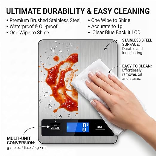 33lb/15kg Kitchen Food Scale, High Precision 1g for pet Care, Cooking, Meat | Stainless steel digital weight scale with timer & backlit LCD, tare & unit conversion (g/oz/ml/lb) for baking, coffee, bread