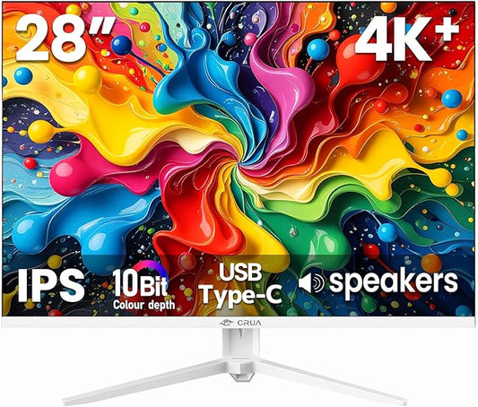 CRUA 28 Inch White Monitor, 4K UHD+ 3840×2560 IPS 60Hz Computer Monitors, 15:10 Aspect Ratio, 120% sRGB 10-Bit Color, Support FreeSync, Built-in Speakers, USB Type-C, HDMI 2.0 & DP 1.4, Wall Mountable