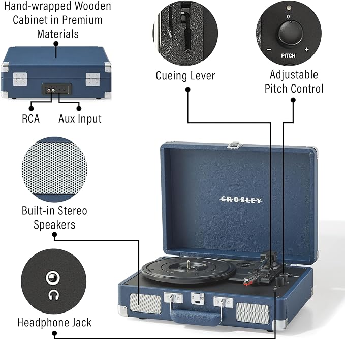 Crosley CR8005F-IB Cruiser Plus Vintage 3-Speed Bluetooth in/Out Suitcase Vinyl Record Player Turntable with Built-in Speakers, Ink Blue