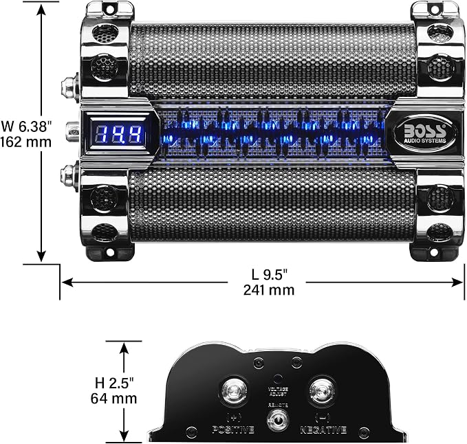 BOSS Audio Systems CAP8 Car Capacitor - 8 Farad, Energy Storage, Enhanced Bass From Stereo, Warning Reverse Polarity Tone, Voltage Overload Low Battery Voltage Led