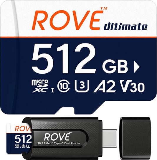 ROVE Ultimate Micro SD Card microSDXC 512GB Memory Card with USB 3.2 Type C Card Reader 512GB 170MB/s C10, U3, V30, 4K, A2 for Dash Cam, Android Smart Phones, Tablets, Games