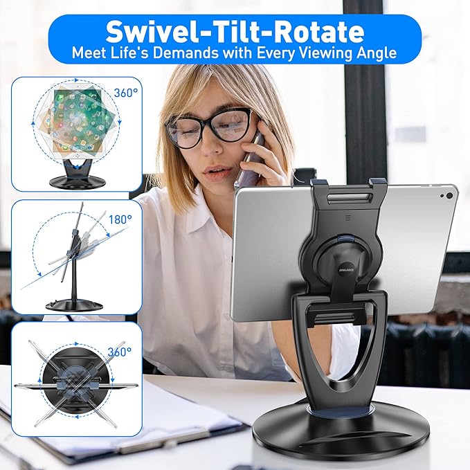 iPad Tablet Stand Holder for Desk - 6 inch to 13 inch - Stable, Adjustable - 360° Swivel Angle Pen Phone iPad Stand for Store, Retail Kiosk, Reception, Home Office, Gift Ideas - Black