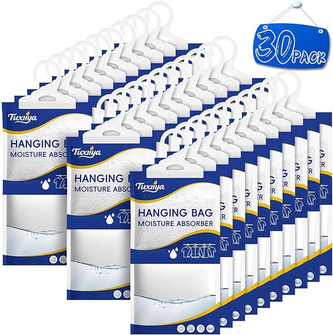 TUXIYA Moisture Absorbers 30 Pack,Hanging Closet Dehumidifier Bags,Moisture Absorbing Bags, Desiccant,Moisture Absorbing Bags for Closet,Wardrobes,Bedrooms, Bathrooms
