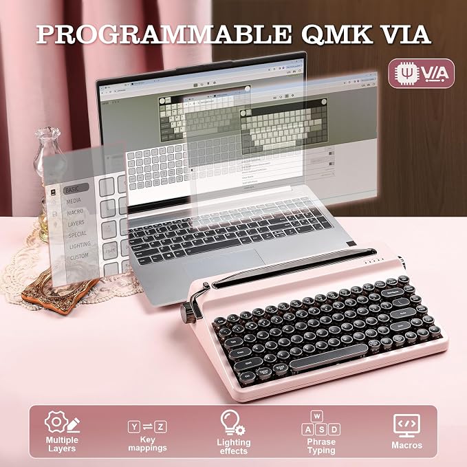 YUNZII QL75 Wireless Typewriter Hot Swap Retro Mechanical Keyboard,Punk Round Keycaps,RGB Backlit QMK/VIA Programmable,Multi-Device Keyboard with 2.4GHz/Type-C/BT5.0 (Pink, Onyx Switch)