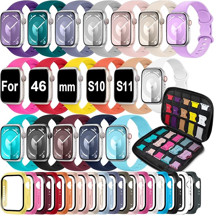 18 Pack Sport Band Compatible with Apple Watch Bands 40mm 41mm 42mm 44mm 45mm 46mm for Women Men,Silicone iWatch Bands with Screen Protector Case for iWatch 10 9 8 7 6 5 4 SE (Select the Right Size)