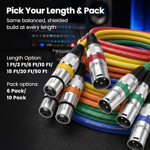 GEARit XLR Cables 6ft 6 Pack Multi Colors, XLR Male to Female Microphone Cable, Balanced Shielded Mic Cable with Copper Conductors for Recording Studio, Podcast, Stage Audio & Live Sound