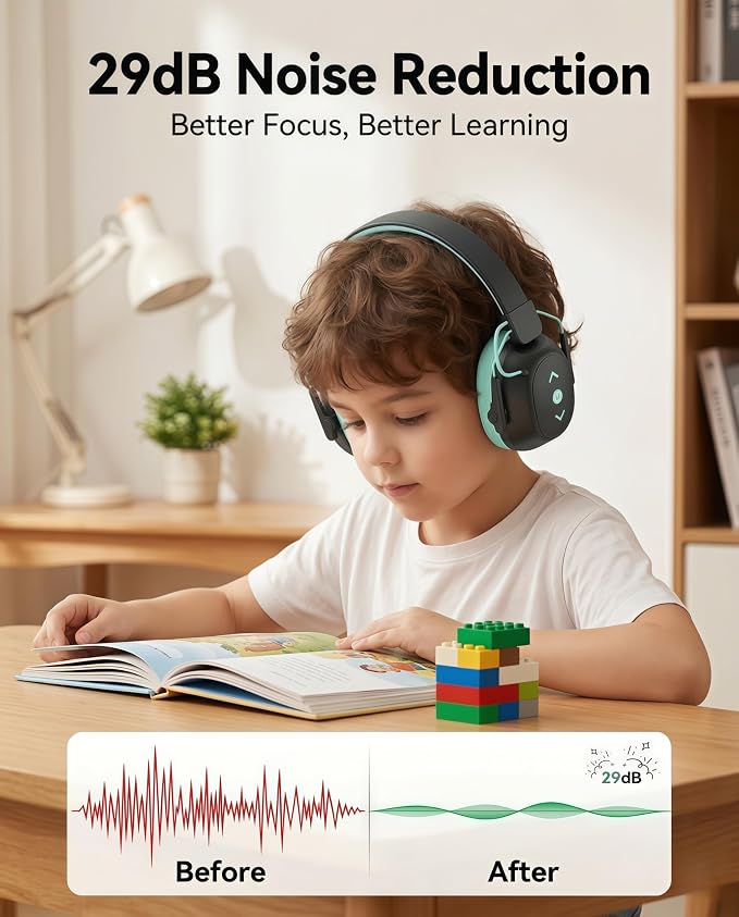 Kids Bluetooth 6.0 Safety Earmuff for Kids, 29dB SNR Noise Cancelling Headphones with 94dB Lock Noise Reduction, 80H Playtime, Hearing Protection for Autism, Travel, Monster Jam, Black