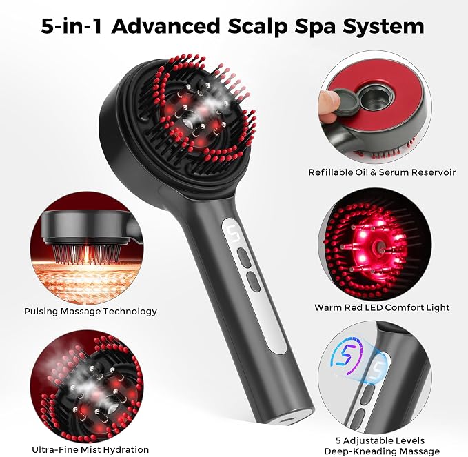 Electric Scalp Massager, 5-in-1 Scalp Spa Device with Clean Water Mist Reservoir, 3D Deep Kneading Massage, USB-C Rechargeable, Portable Scalp Care Tool