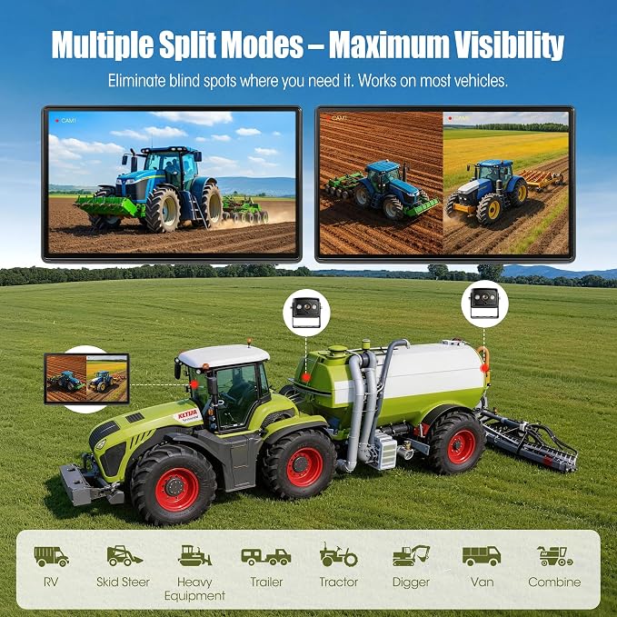 10.1" DVR IPS Touchscreen & 2 AHD Wired Backup Cameras, IP69K Water/Dust Proof Rear Camera, 1080P Quad Split Screen & 20G Vibration-Proof Camera for Hitching, Farm Work, UTV, Tractor, Trailer