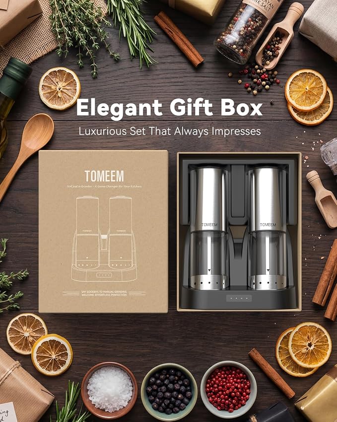 TOMEEM Rechargeable Electric Salt and Pepper Grinder Set, 115ml Large Capacity Stainless Steel Automatic Pepper Mill with Storage Base, LED Display and Light