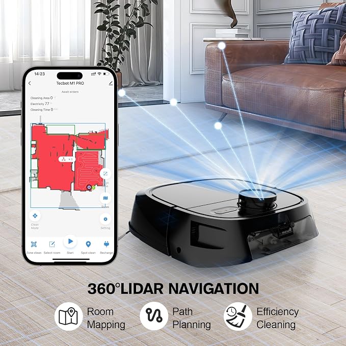 TECBOT Robot Vacuum and Mop Combo - Robotic Vacuum Cleaner for Pets Home Mapping LiDAR Navigation, 6000Pa Suction, Smart No-Go Zone, App & Voice Control, Automatic Lifting, M1 Pro Black