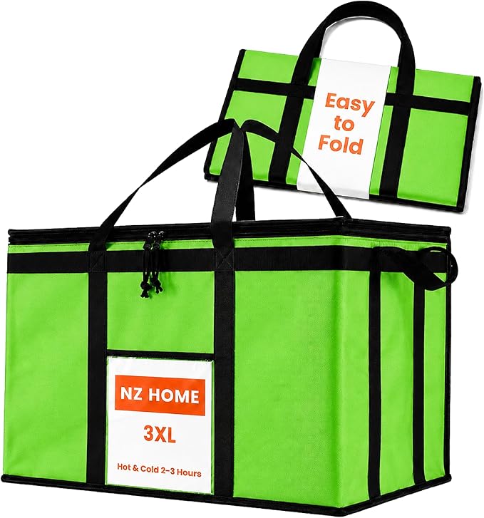 NZ home Insulated Bags for Food Delivery (3XL) Grocery Shopping Cooler Bag, Pizza Delivery, Hot & Cold Catering Tote, Reusable, Foldable & Heavy Duty (Green)