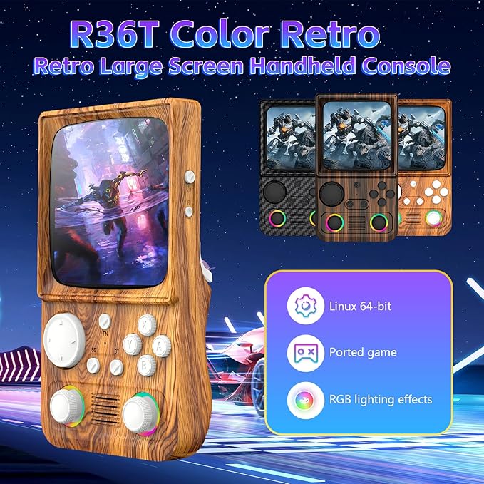 R36TMAX Retro Handheld Game Console, 4 Inch IPS HD Screen Retro Gaming Console,Supports WiFi Networked Fighting and OTG,Compatible with a Large Variety of Classic Games,Built-in 64G,Wood Grain Brown
