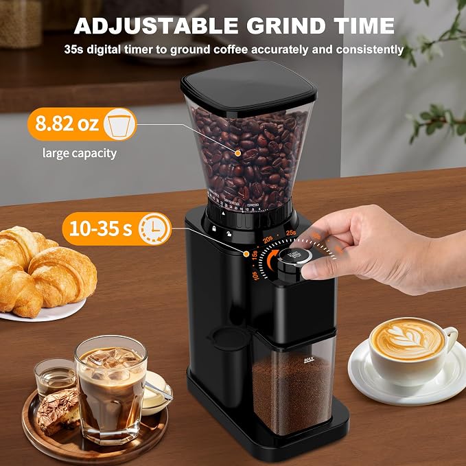 Electric Conical Burr Coffee Grinder with 48 Grind Settings, 35s Timer, Detachable 48-51mm Portafilter Holder, Anti-Static, Low Noise for Home Espresso, Drip, French Press (Black)