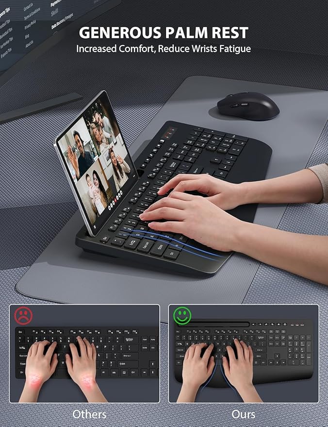 Wireless Keyboard and Mouse Combo - Full-Sized Ergonomic Keyboard with Wrist Rest, Phone Holder, Sleep Mode, 2.4G Quiet Keyboard for PC Laptop, Complete Work Setup for Office or Home -Trueque KM23