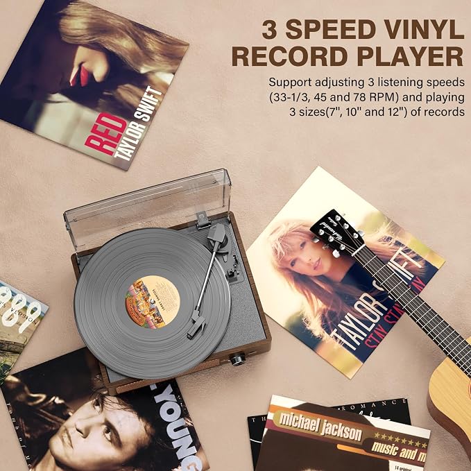 Bluetooth Vinyl Record Player,3-Speed Turntable with Stereo Speakers Vintage Phonograph Record Player, with RCA Line Out AUX in Headphone Jack Coffee Wood
