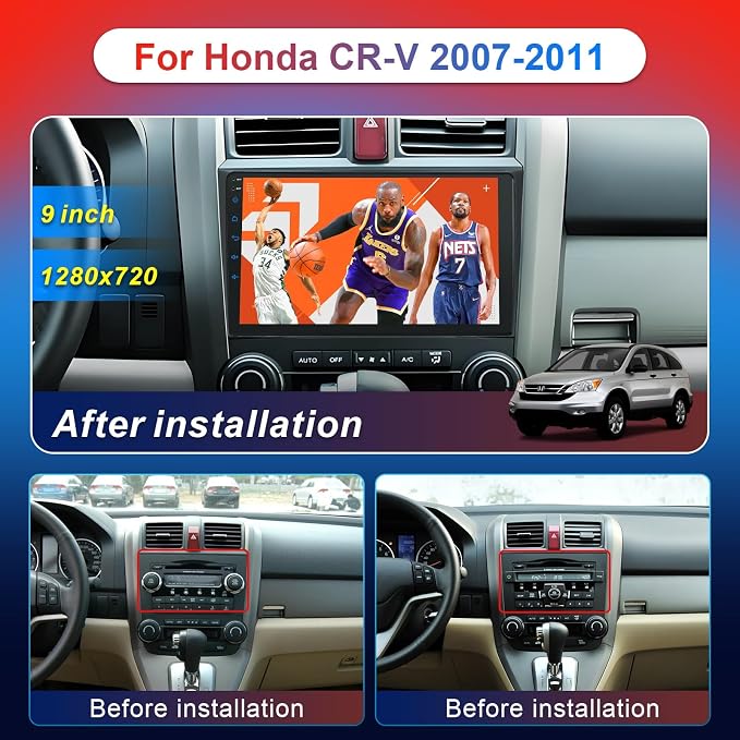 Car Stereo Radio for Honda CRV 2007-2011, 9" Touch Screen Car Radio with Wireless Carplay/Android Auto with WiFi GPS Navigation, Bluetooth, SWC/FM Radio