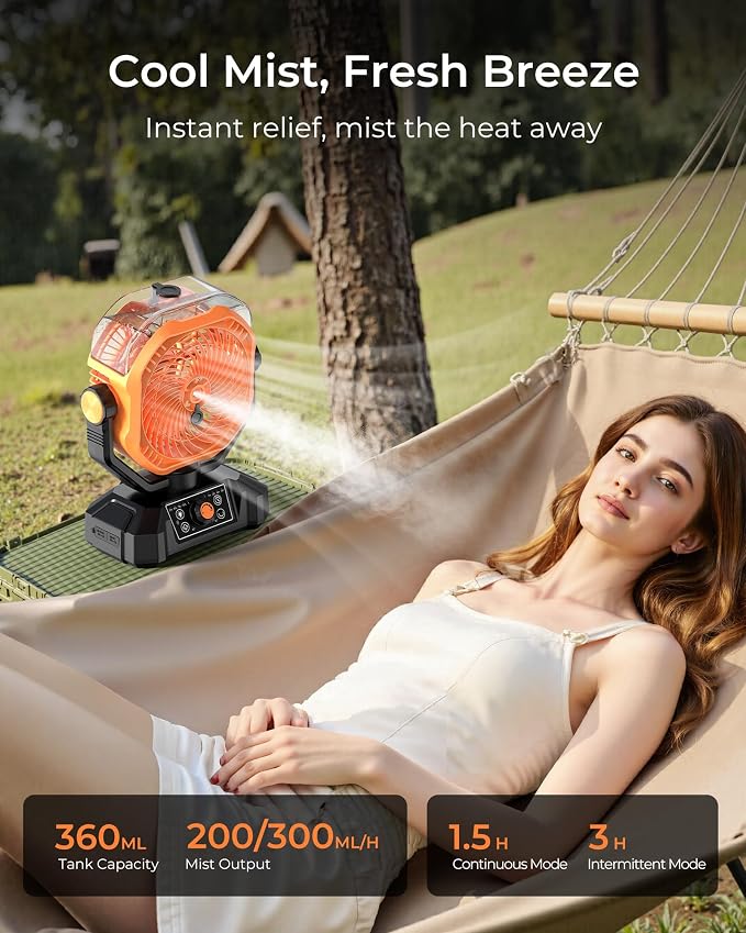 Portable Camping Fan, Misting Desk Fan with Remote, 360ML Water Tank, 16000mAh, 5 Speeds, Timer, 18-70 Working Hours, Battery Operated Fan for RV Camp Hurricane Emergency Orange