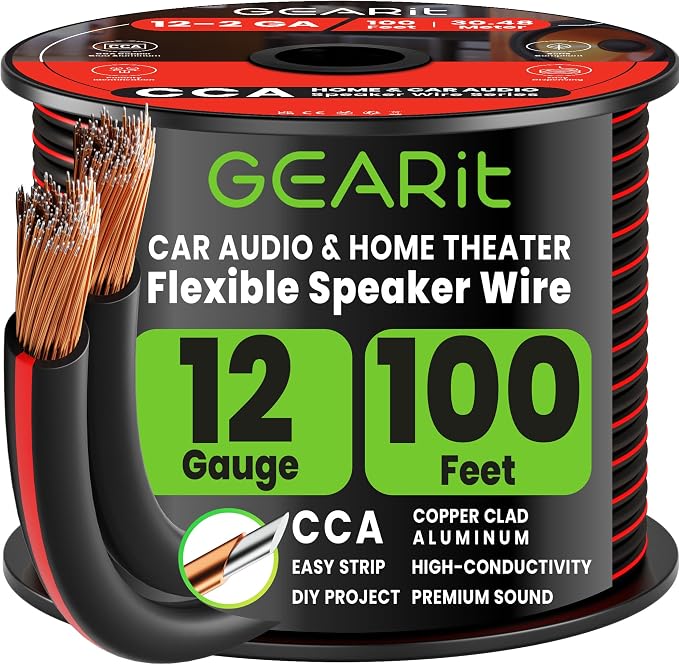 GEARit Speaker Wire 12 Gauge 100 ft,Speaker Cable with Foot Markers & Polarity Markings,12 Gauge Wire for Car Audio & Home Theater Speakers,Audio Cable for DIY Installations,CCA(Black)