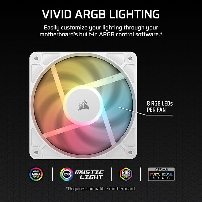 Corsair RS120-R ARGB 120mm PWM ARGB Reverse Fans – Reverse Rotor, +5V ARGB Connections, Eight RGB LEDs, High Static Pressure, Daisy-Chain, Magnetic Dome Bearing, Zero RPM Mode – Triple Pack – White