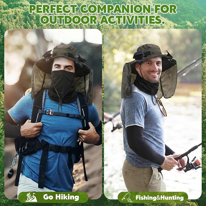 3 Pcs Solar Fan Hat with Arm Sleeves Neck Gaiter Wide Brim Sun Hat Solar Powered USB Charging for Men Women