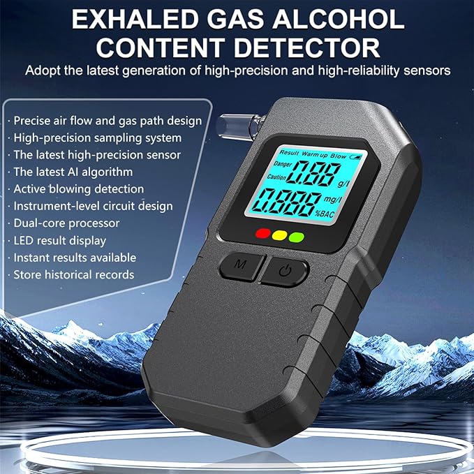 Breathalyzer, Breathalyzers for Alcohol with LCD Digital, Display Alcohol Breathalyzer Tester for Home Use, Portable Breath Alcohol Tester with 15 Mouthpieces (Black)