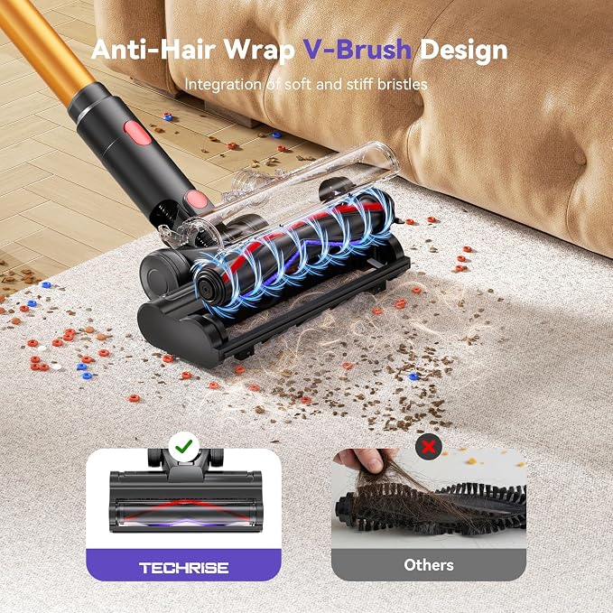 TechRise Cordless Vacuum Cleaner for Home, 550W 45KPa Powerful Suction with HEPA Filter, 60 Min Runtime,Self-Standing, Anti-Tangle Brush, LED Light for Pet Hair, Carpets, Hard Floor