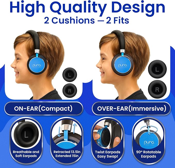 Puro Sound Labs Kids Wireless Headphones – Volume-Limiting 85dB, Built-In Mic, Studio-Grade Sound, 20-Hour Battery Life, Comfortable Fit & Easy to Connect Kids Bluetooth Headphones – BT2200 Plus, Blue