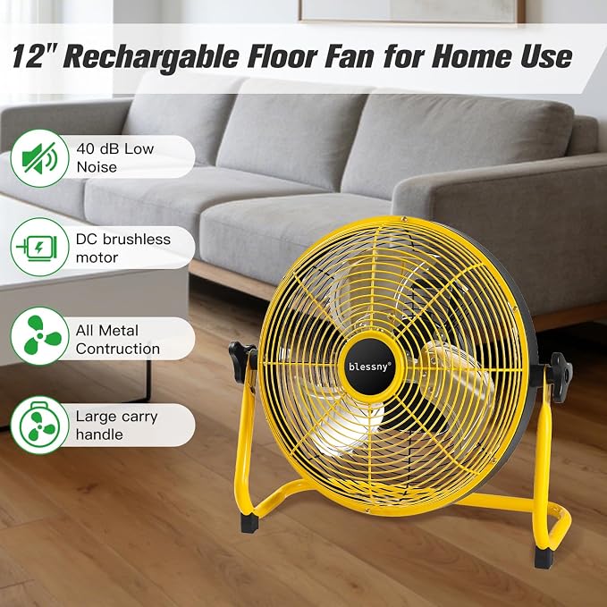 blessny 12'' Portable Rechargeable Floor Fan for Home Patio Camping Gym RV Greenhouse, Max 60 Hours Long Running Time