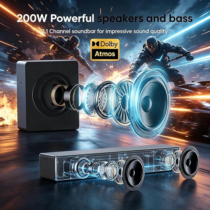 GEOYEAO 2.1 CH Sound bar with Subwoofers, 100W Sound Bar for Smart TV, Dolby Atmos Surround Sound System, Adjustable Home Theater Bluetooth Speaker, for TV/Projector/PC