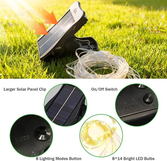Solar Umbrella Lights, 8 Strands Patio Umbrella Lights Outdoor with 8 Modes 3V Solar Panel Clip 112 Led Outdoor Waterproof for Beach Deck Garden Camping Tents Party Decoration(Warm White)