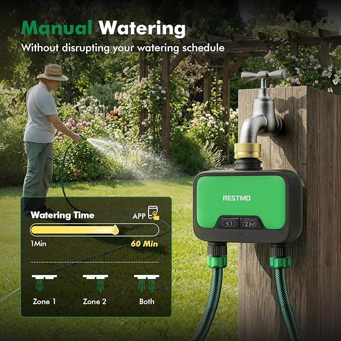 RESTMO Smart WiFi Water Timer for Garden Hose, 2 Zone Sprinkler Timer with APP Control & Brass Inlet, Rain Delay/Manual/Automatic Watering System, Quantity or Timed Irrigation Modes for Misting, Lawn