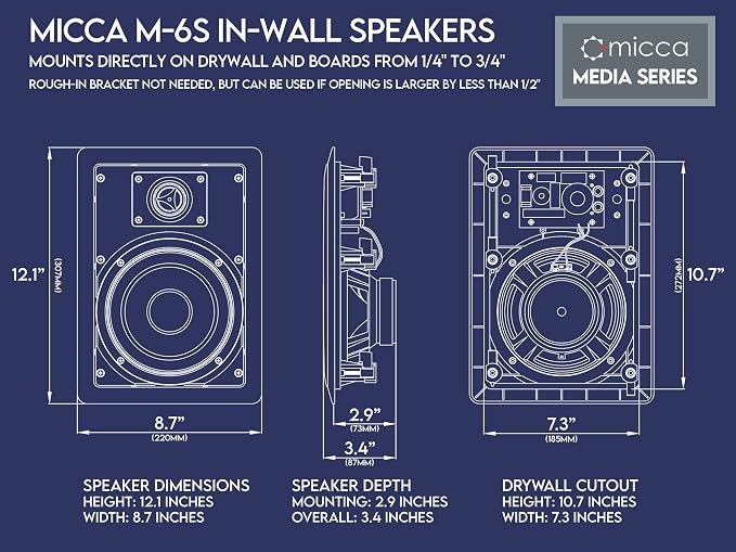 Micca M-6S 2-Way in-Wall Speaker, 7.3"(W) by 10.7"(H) Cutout, Home Theater, Whole House Audio, Indoor or Covered Outdoor, 6.5" Woofer, 1" Tweeter, White, Paintable, Each