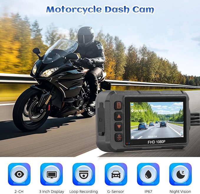 Motorcycle Dash Cam Dual HD Camera Front and Rear View,3" IPS Screen 1080P IP65 Waterproof 150° Wide Angle Sportbike Recording DVR with G-Sensor,Loop Recording,Night Vision,Parking Monitor