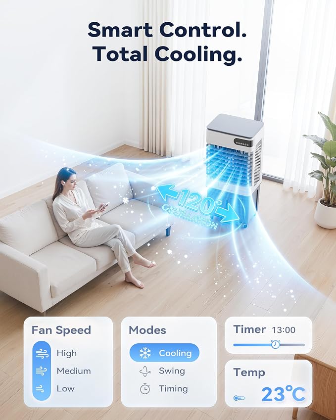 Swamp Cooler Air Conditioners, 3600 CFM Large 13.5 Gal Tank for 3d Cooling, 4-IN-1 Portable Evaporative Cooler with LED Touch Screen, 3 Fan Speeds, Timer and Remote, 1000 sq ft, Ideal for Large Rooms