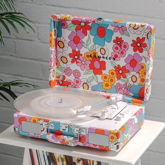 Crosley CR8005F-GF Cruiser Plus Vintage 3-Speed Bluetooth in/Out Suitcase Vinyl Record Player Turntable with Built-in Speakers, Groovy Floral