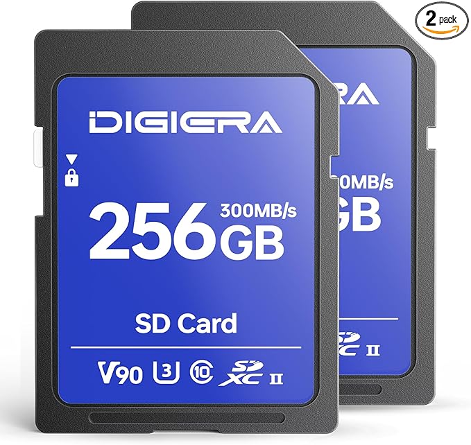 DIGIERA 256GB LSU200 SDXC UHS-II Memory Card - up to 300MB/s, C10, U3, V90, 8K, SD Card for Computers, Digital Cameras, Home Theatre Devices, Car Navigation Systems (2 Pack)