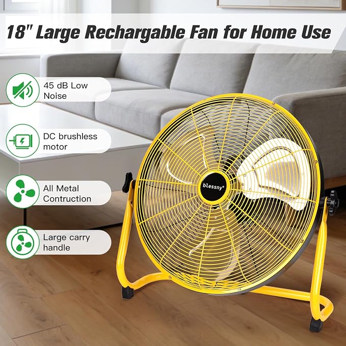 blessny 18'' Portable Rechargeable Floor Fan for Home Patio Camping Gym RV Greenhouse, Max 60 Hours Long Running Time