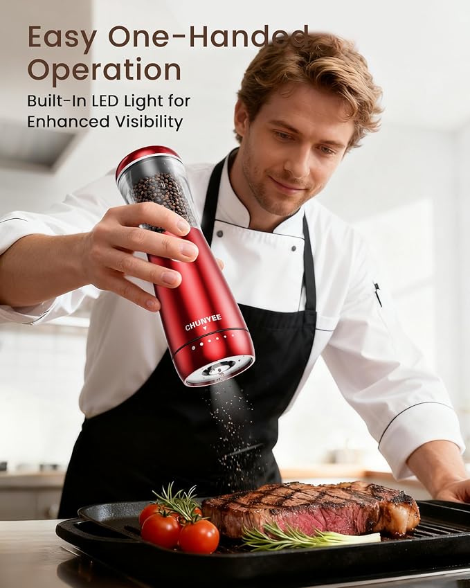 Electric Salt and Pepper Grinder Set - Automatic Stainless Steel Rechargeable Salt and Pepper Grinder Set with Storage Base, Large Capacity, LED Light & Adjustable Coarseness, Ideal Kitchen Gadget