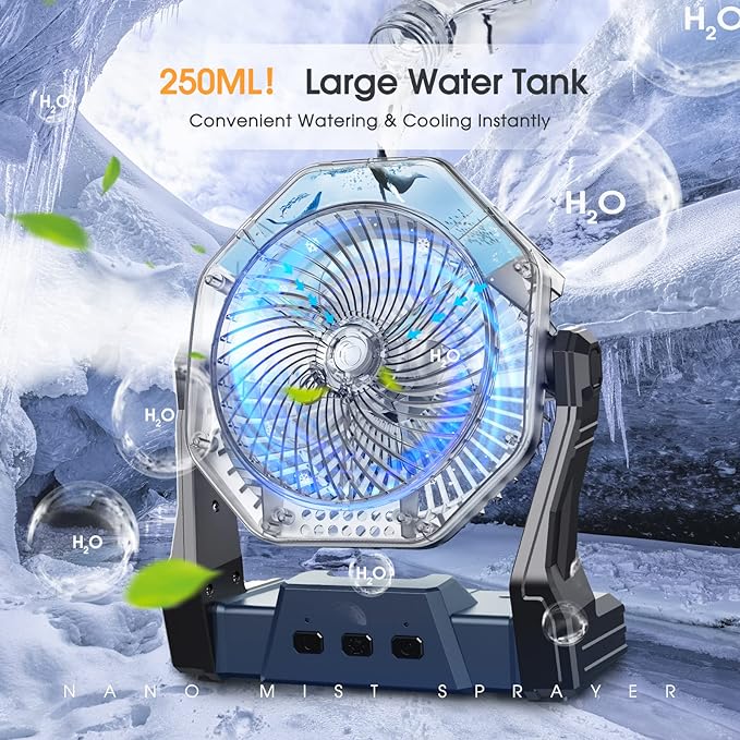 Ausic Portable Misting Fans for Outside Patios, [Max 95H Runtime] Outdoor Cooling Camping Fan, 8 Inch Battery Operated Rechargeable Fans, 250ml Water Spray Fan for Beach/Travel, Light & Hook