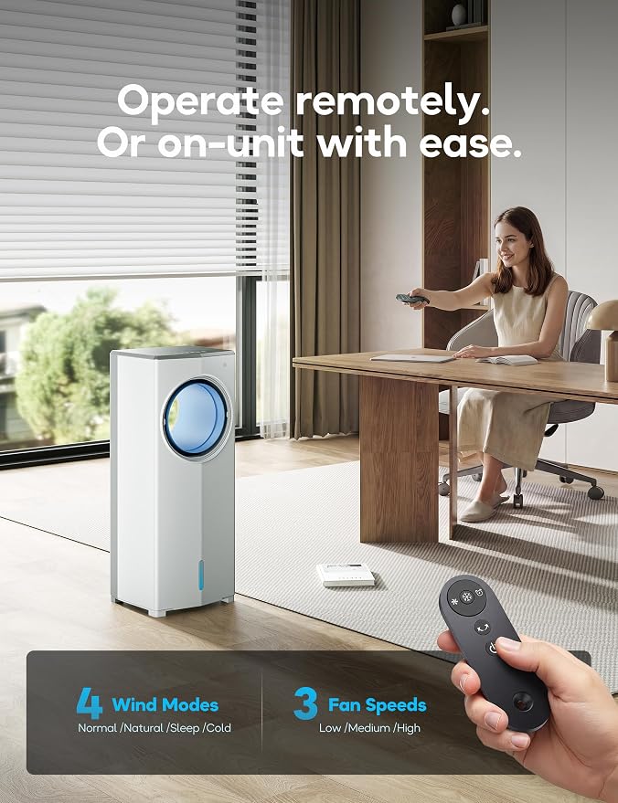 Windowless Portable Air Conditioner, 26.1" Small Evaporative Air Cooler for Room No Window, 3-Speed Settings, 4 Modes, 7H Timer, Remote Control, 4 Ice Packs, Quiet AC Unit for Bedroom, Ivory