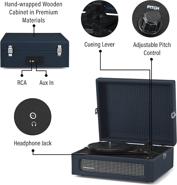 Crosley CR8017B-NY Voyager Vintage Portable Vinyl Record Player Turntable with Bluetooth in/Out and Built-in Speakers, Navy